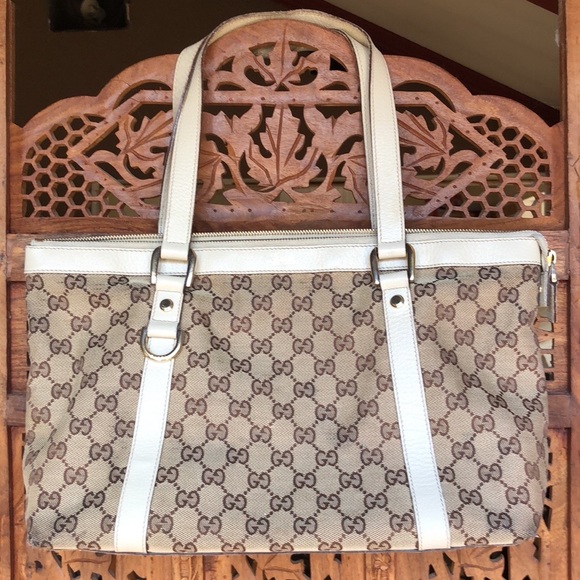 Gucci Handbags - Gucci Cream and Brown Monogram Tote Bag